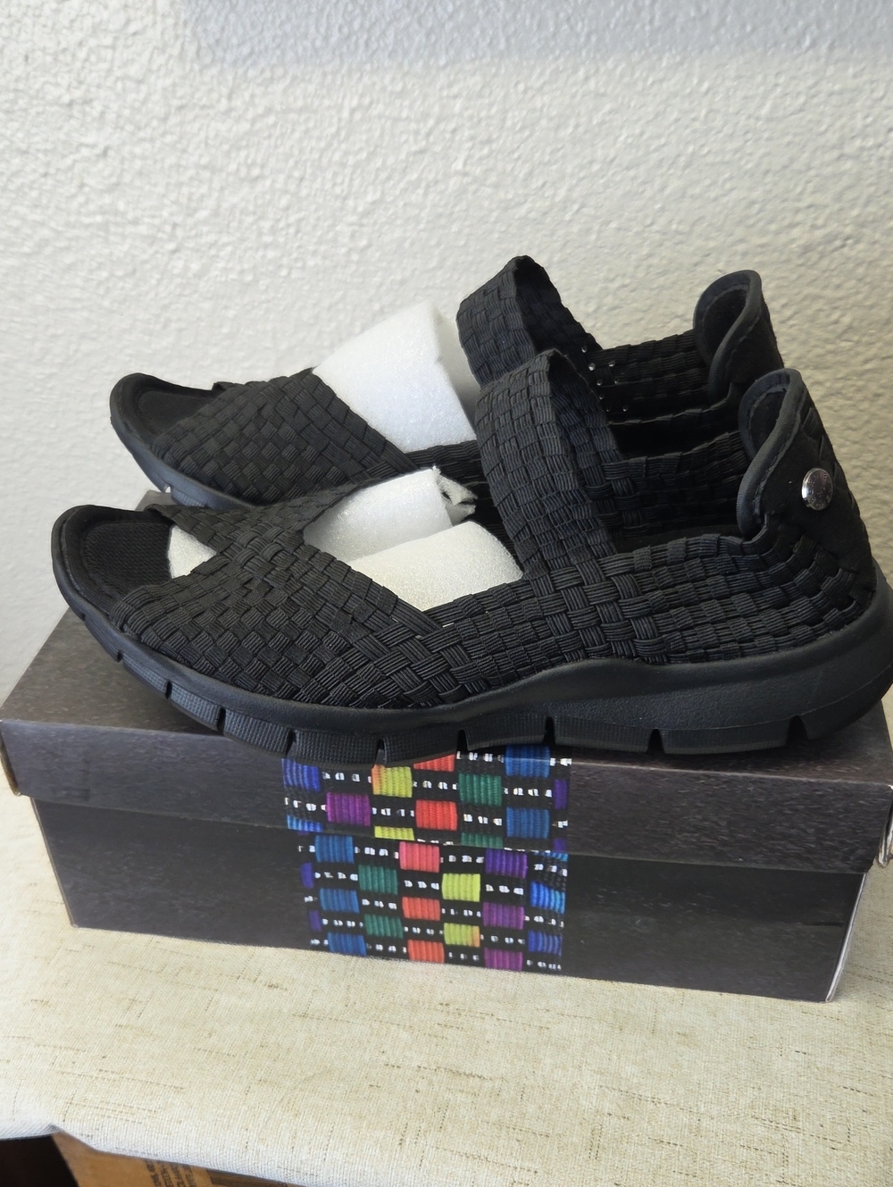 bernie‎ mev. Black Woven Elastic Slip-On Mules